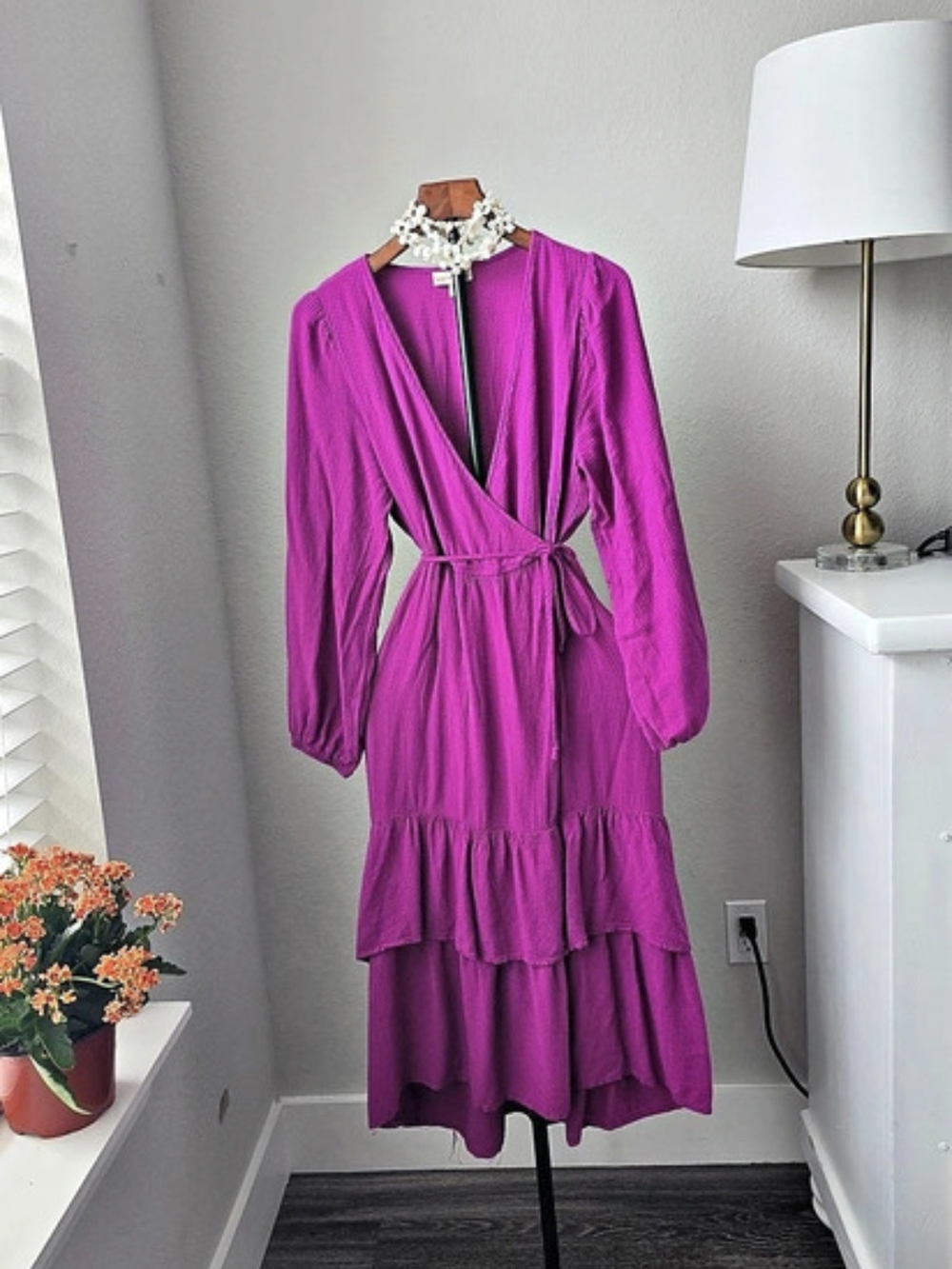Knox Rose M Magenta Purple Wrap Dress Long Puff Sleeve Tiered Ruffle Midi 100%